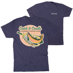 Navy blue t-shirt with 'Catch & Cradle Lacrosse Fishing Club' graphic design on a white background