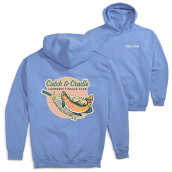 Light blue hoodie with 'Catch & Cradle Lacrosse Fishing Club' design on a white background