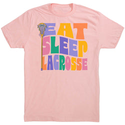 Pink t-shirt with colorful 'Eat Sleep Lacrosse' text and lacrosse stick graphic on a white background