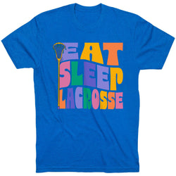 Royal blue t-shirt with colorful 'Eat Sleep Lacrosse' text and lacrosse stick graphic on a white background