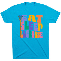 Turquoise t-shirt with colorful 'Eat Sleep Lacrosse' text and lacrosse stick graphic on a white background