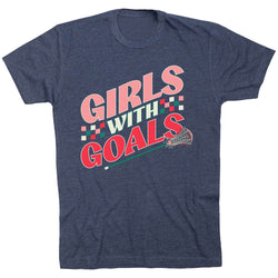 Navy blue t-shirt with 'Girls with Goals' text and lacrosse stick graphic on a white background