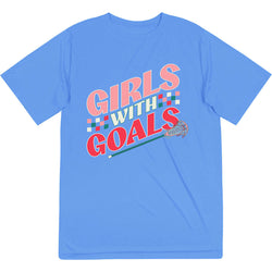 Girls Lacrosse Short Sleeve Performance Tee - Girls With Goals [Light Blue/Adult Small] - SS