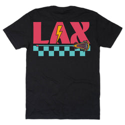 Black t-shirt with 'LAX' and lacrosse stick design on a white background