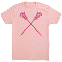 Pink t-shirt with pink lacrosse sticks graphic on a white background