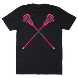 Black t-shirt with pink lacrosse sticks design on a white background