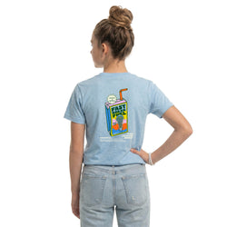 Person wearing a light blue t-shirt with a colorful lacrosse graphic on the back, standing against a white background.