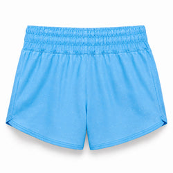 Light blue athletic shorts with a subtle speckled pattern and an elastic waistband, shown flat against a white background.