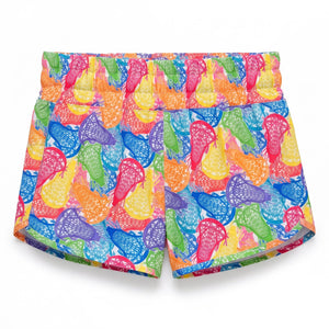A pair of girls' shorts featuring a vibrant, multicolor pattern of lacrosse sticks in pink, blue, green, orange, and yellow on a white background.