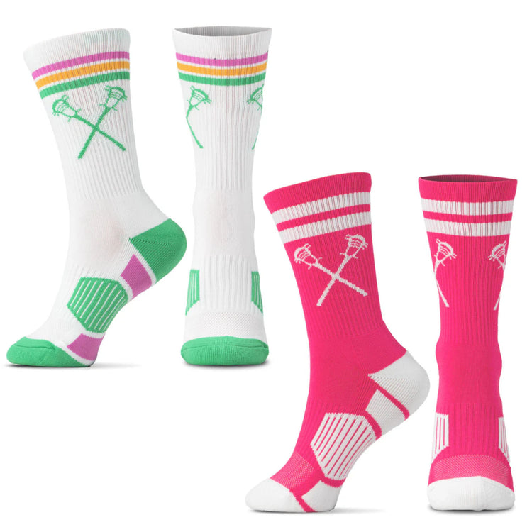Guys Lacrosse Woven Mid-Calf Sock Set - Crossed Sticks (Pink/White)