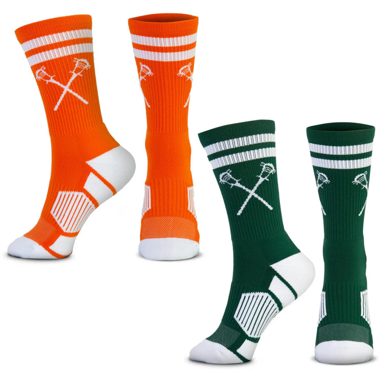 Guys Lacrosse Woven Mid-Calf Sock Set - Crossed Sticks (Green/Orange)