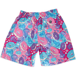 Colorful swim shorts with donut and lacrosse pattern on a white background