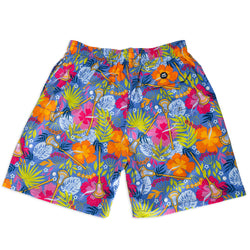 Colorful floral and lacrosse-themed shorts on a white background