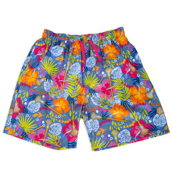 Colorful tropical-themed lacrosse swim shorts on a white background