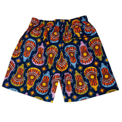 Colorful patterned swim shorts on a with lacrosse design on white background