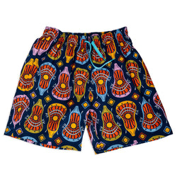 Colorful patterned swim shorts with a lacrosse design white background