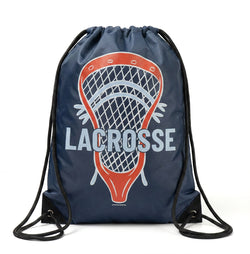 Navy drawstring bag with lacrosse graphic and text on a white background