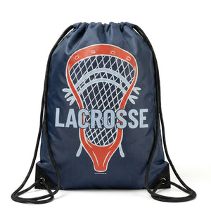 Navy drawstring bag with lacrosse graphic and text on a white background