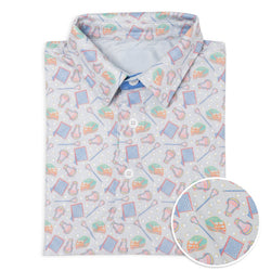 Light blue polo shirt with colorful lacrosse pattern on a white background