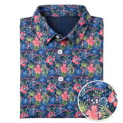 Folded polo shirt with a colorful tropical lacrosse pattern on a white background