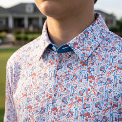 Close up of a patriotic themed polo shirt with lacrosse patterns.