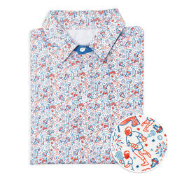 Folded shirt with lacrosse-themed pattern and matching zoom bubble on a white background