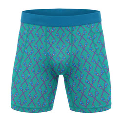 Green spandex shorts with blue lacrosse pattern on a white background