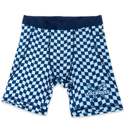 Flat lay of lacrosse themed compression shorts with checkered design
