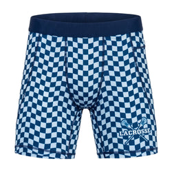 Blue and white checkered shorts with lacrosse design on a white background