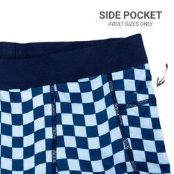 Close up of checked shorts with side pocket