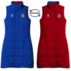 Reversible blue and red puffer vest with visible lacrosse logo and number 7.