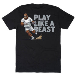 Black t-shirt with a graphic of a bigfoot playing lacrosse and 'Play Like A Beast' text on a white background.