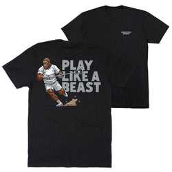 Black t-shirt with graphic of bigfoot playing lacrosse and 'Play Like a Beast' text, displayed front and back.