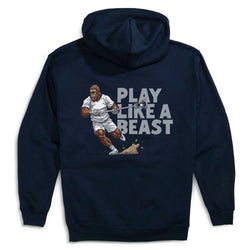 Navy blue hoodie with graphic of a bigfoot playing lacrosse and text 'Play Like A Beast' on the back.