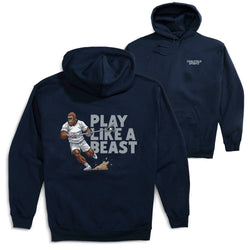Navy blue hoodie with a bigfoot playing lacrosse design and text on a white background