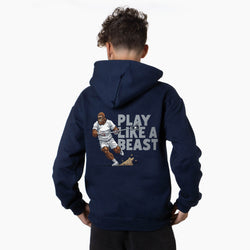 Navy blue hoodie with a bigfoot playing lacrosse graphic and text 'Play Like a Beast' on the back, worn by a person.