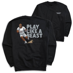 Black sweatshirt with a bigfoot inspired 'Play Like a Beast' graphic, displayed front and back.