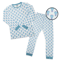 A two-piece pajama set featuring a long-sleeve top and matching pants with an all-over repeating lacrosse stick head print. The pajamas are white with light blue and pink jellyfish motifs, finished with solid light blue trim on the collar, cuffs, and hem.