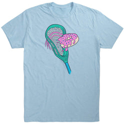 Light blue t-shirt with a colorful lacrosse stick and donut graphic on a white background