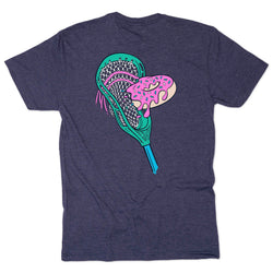 Navy blue t-shirt with a colorful lacrosse head design on the back against a white background