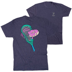 Navy blue t-shirt with a colorful lacrosse stick head and donut design on a white background