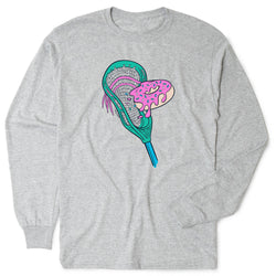 Gray long-sleeve shirt with a colorful lacrosse stick with donut design on a white background
