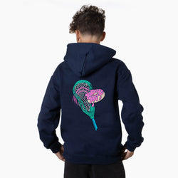 Person wearing a navy blue hoodie with  a colorful lacrosse stick head and donut design on the back against a white background