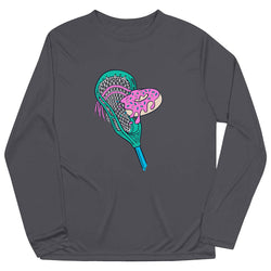 Dark gray long-sleeve shirt with a colorful lacrosse stick and donut design on a white background