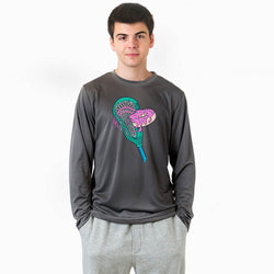 Person wearing a gray long-sleeve shirt with a colorful lacrosse stick with donut design on a white background