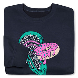 Navy blue sweatshirt with a colorful mushroom and donut design on a white background