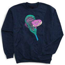 Navy blue sweatshirt with a colorful lacrosse stick and donut graphic on a white background