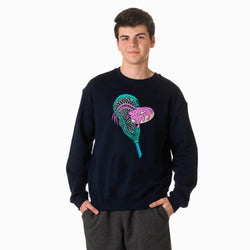 Person wearing a black sweatshirt with a colorful lacrosse stick with donut design on a white background
