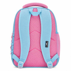The back view of a backpack in pink and light blue, featuring a breathable mesh back panel, padded shoulder straps, and a small brand tag.