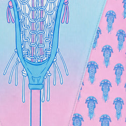 A close-up of a patterned fabric featuring a lacrosse head illustration on the left and a repeating blue lax stick pattern on a pink background on the right.